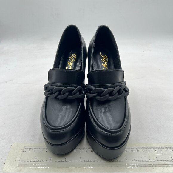 FOWT Black Platform Round Toe Pumps Chain Chunky High Heel Loafers Slip on Shoes - Picture 3 of 8